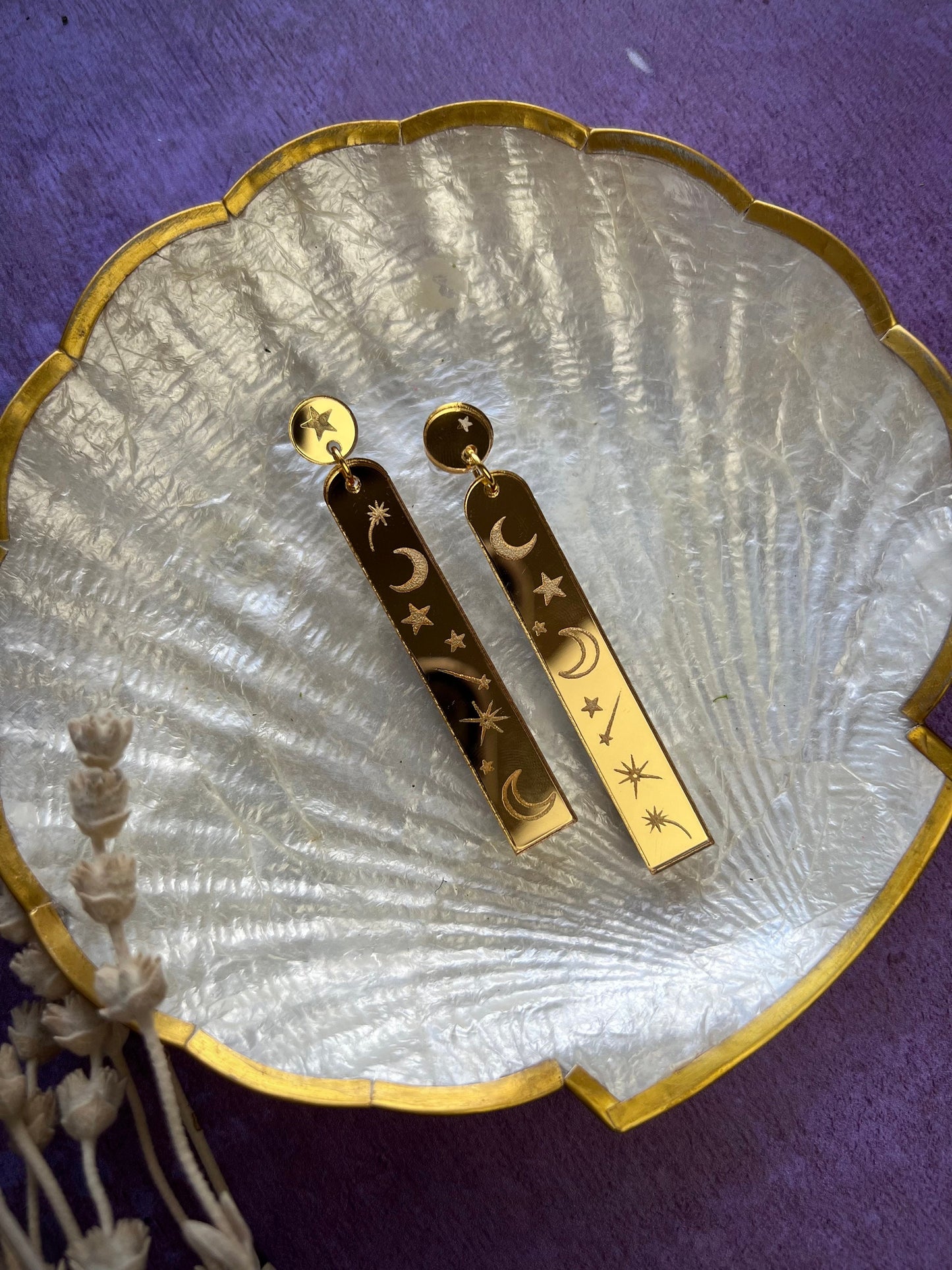 Gold mirror moon and star acrylic earrings - Celestial witchy jewellery