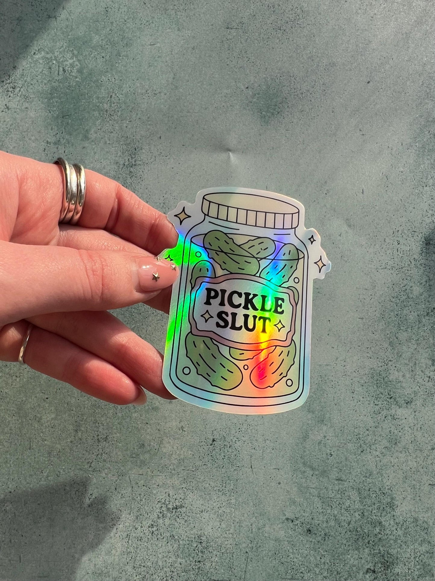 Pickle slut holographic sticker, pickle food savoury girl sticker