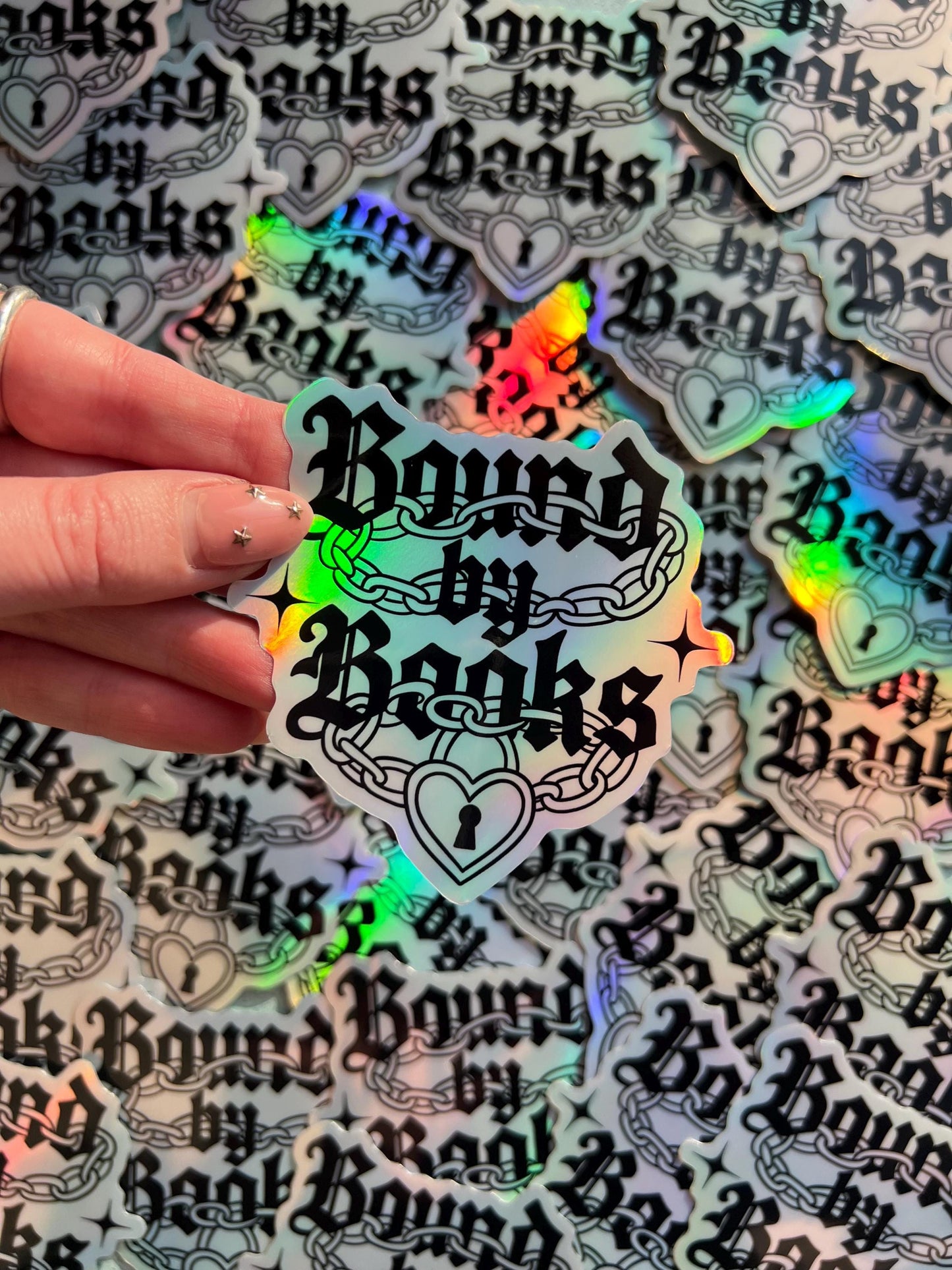 Bound by books holographic sticker, gothic reader sticker