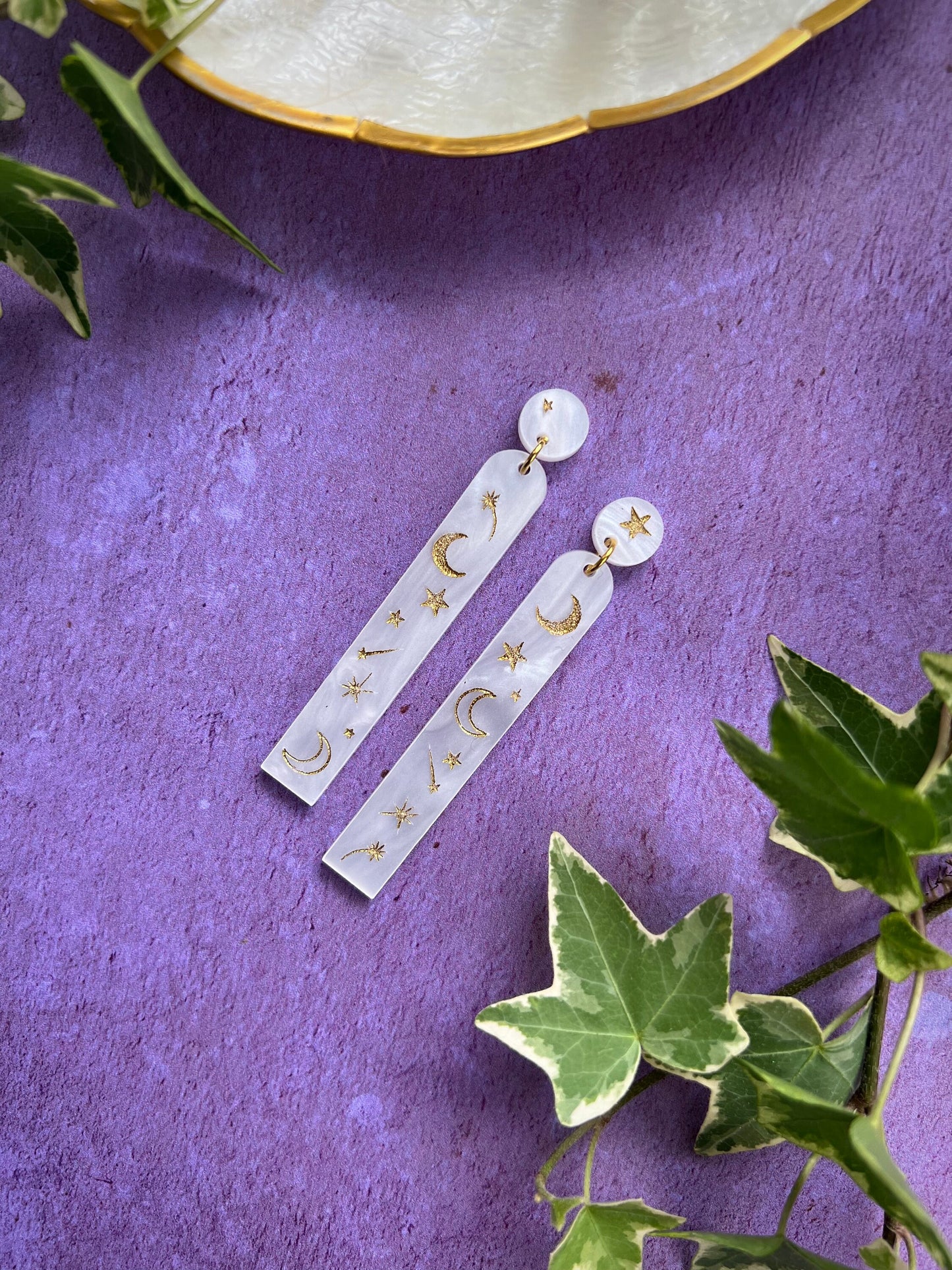 Pearl moon and star acrylic earrings - Celestial witchy jewellery