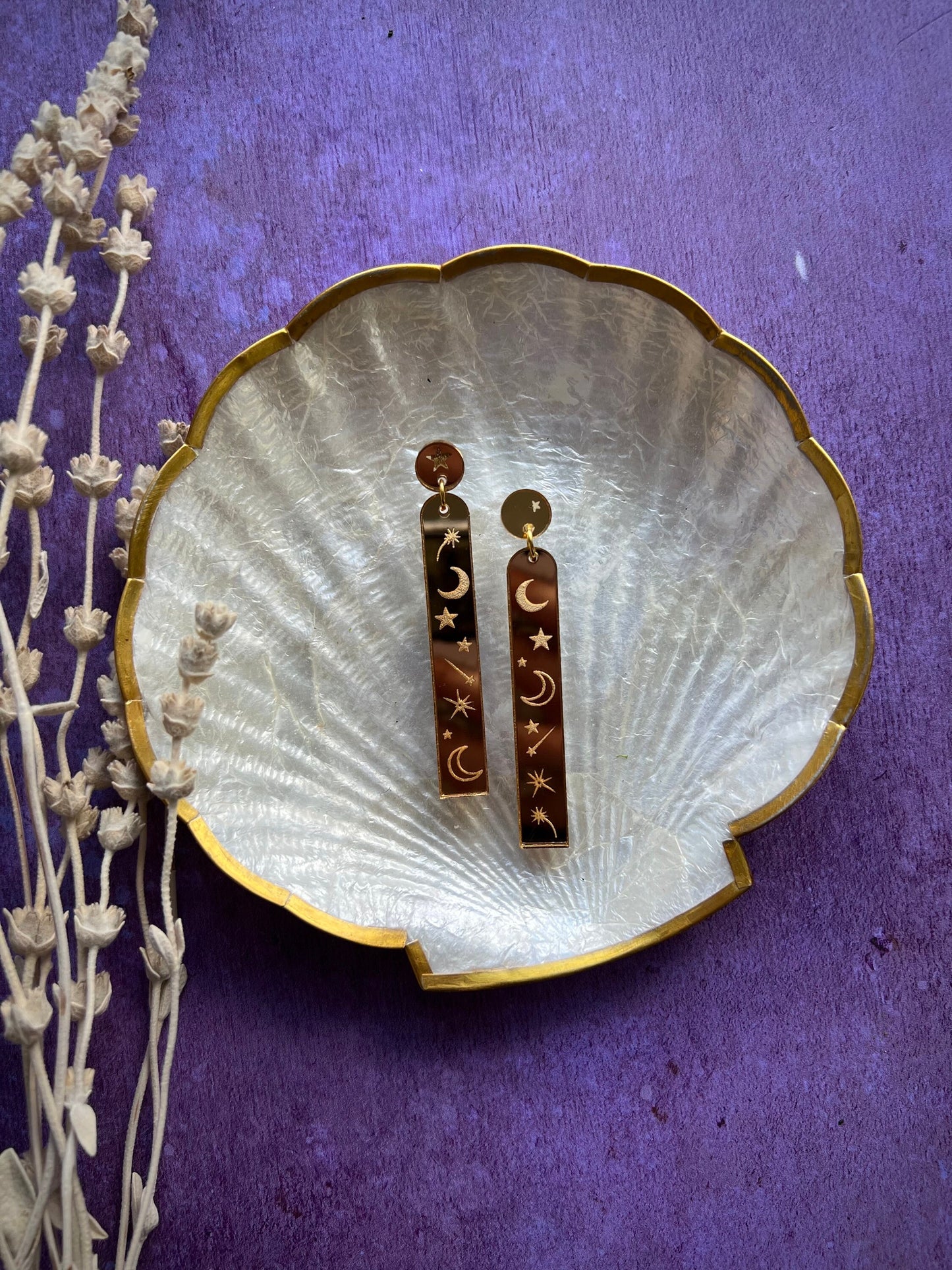 Gold mirror moon and star acrylic earrings - Celestial witchy jewellery