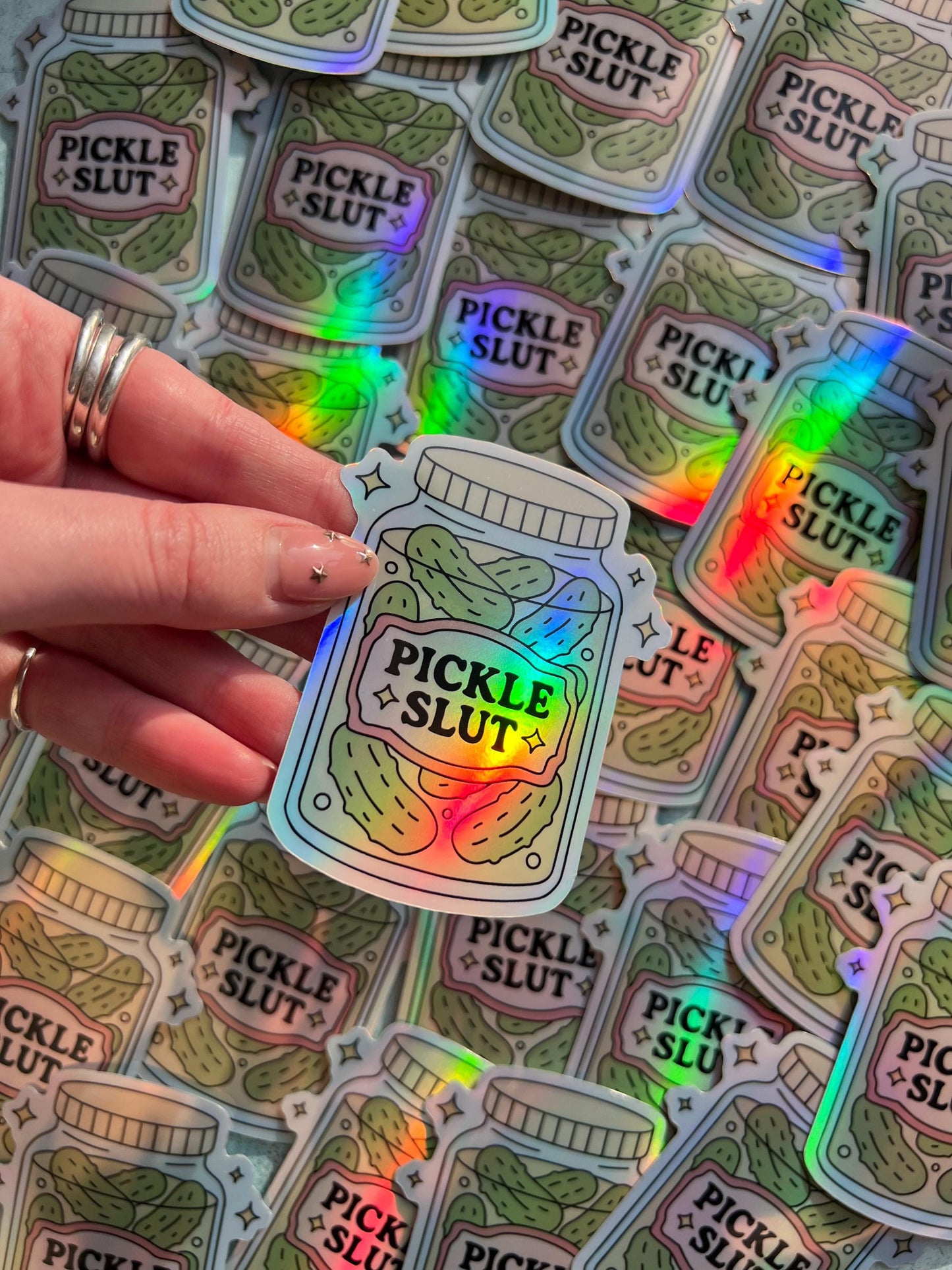 Pickle slut holographic sticker, pickle food savoury girl sticker