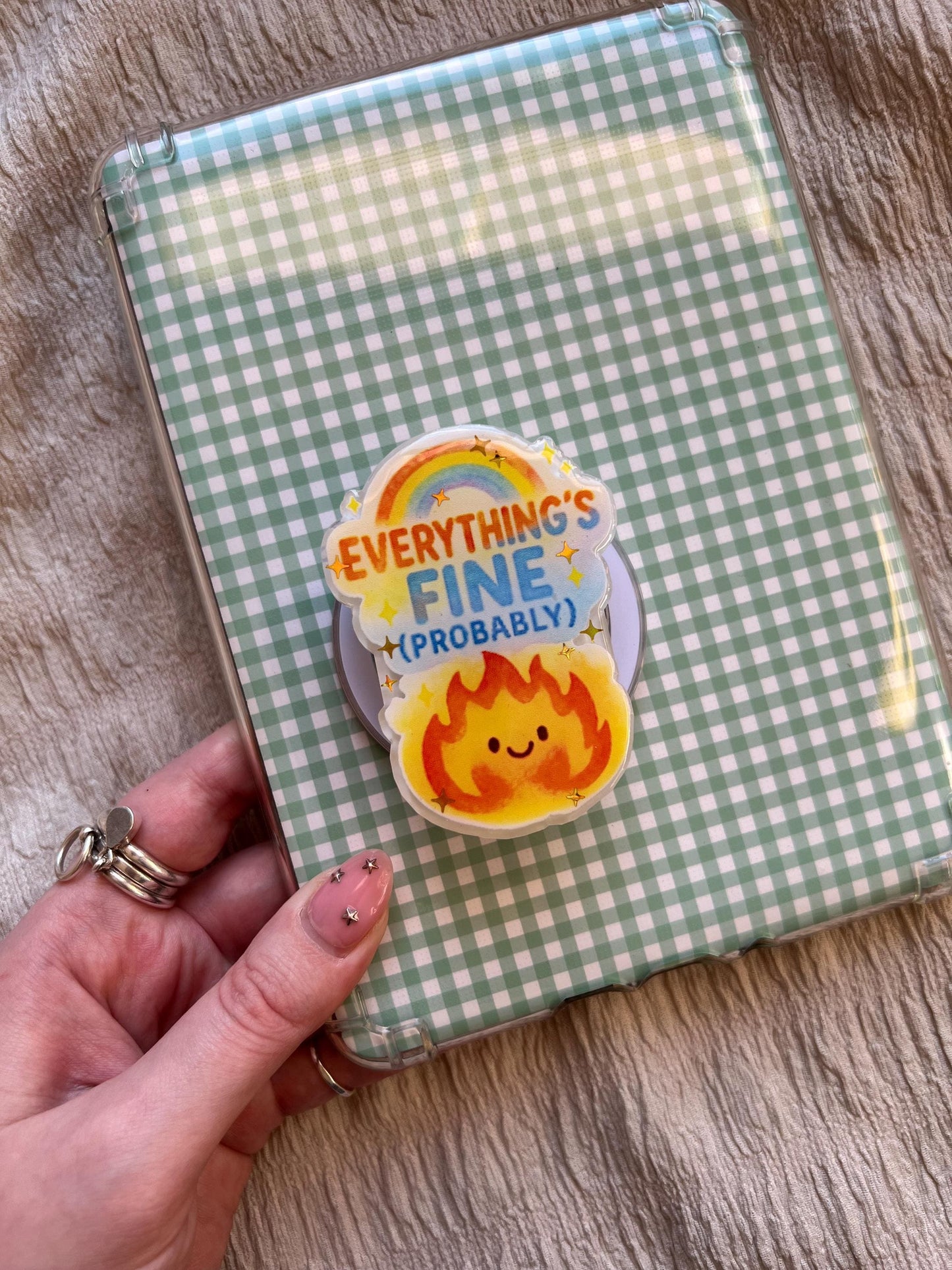 Everything’s Fine Probably Kindle Grip – Cosy chaos bookish accessories