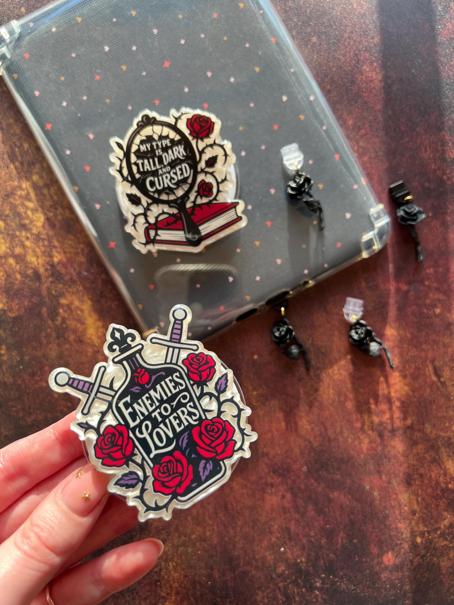 Dark romance kindle holder & Dust plug charm - Dark romance reader accessories