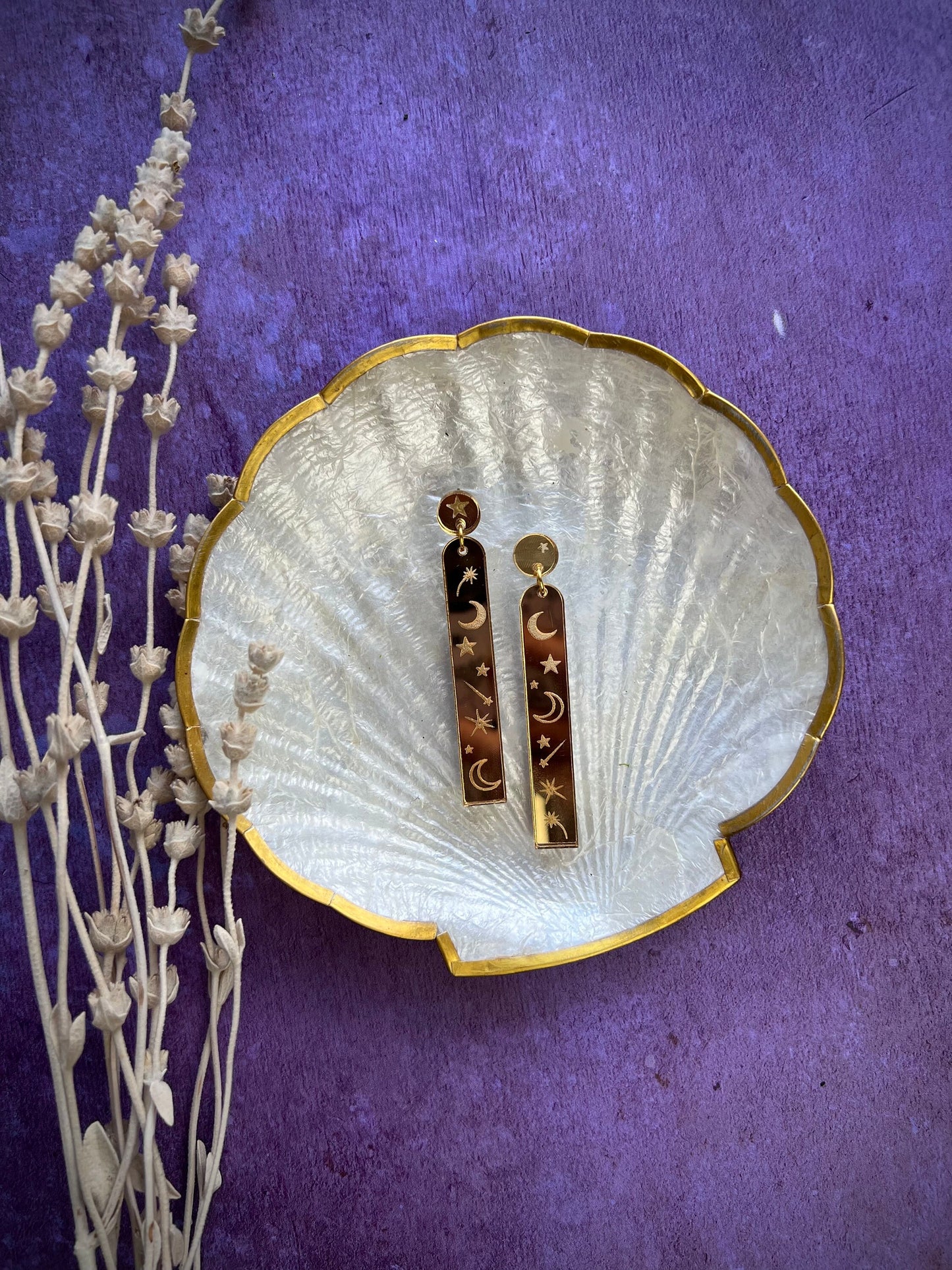 Gold mirror moon and star acrylic earrings - Celestial witchy jewellery