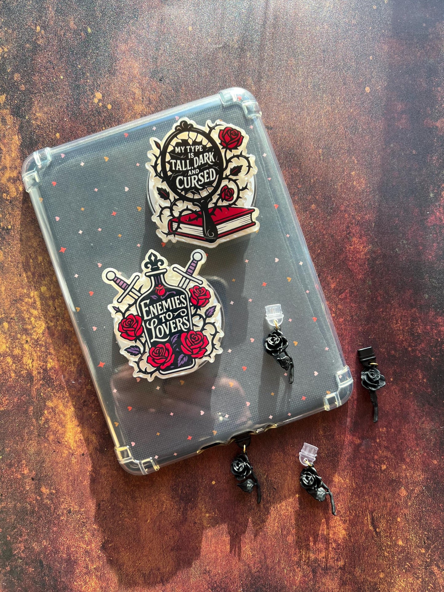 Dark romance kindle holder & Dust plug charm - Dark romance reader accessories