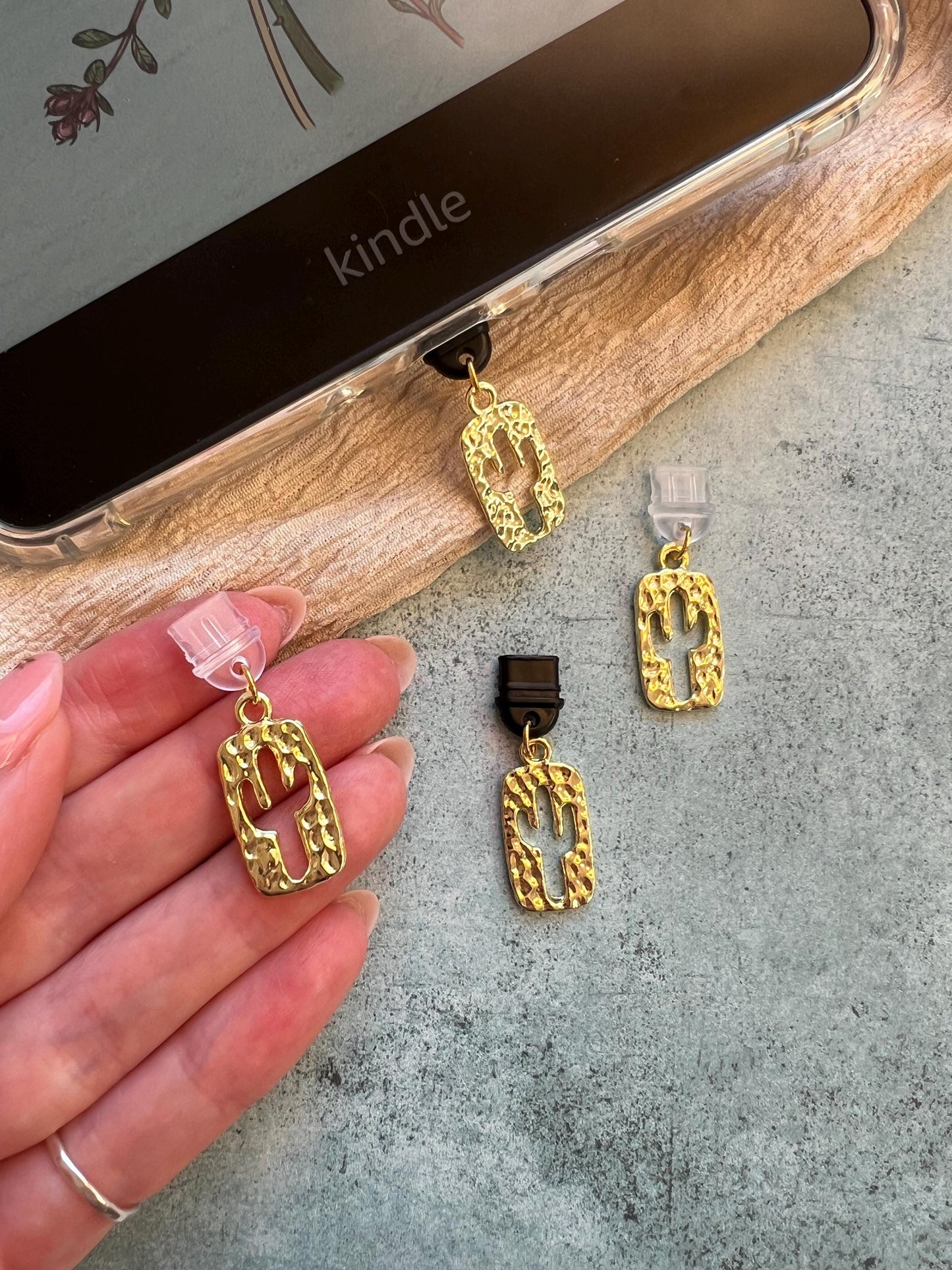 Gold cacti dust plug charm - Bookish Accessory for Kindle & E-Reader Lovers