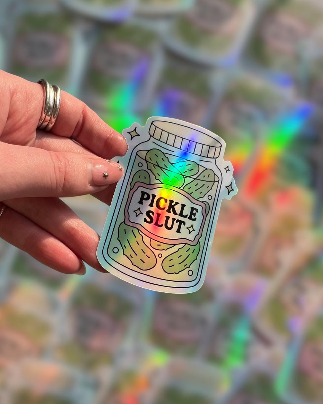 Pickle slut holographic sticker, pickle food savoury girl sticker