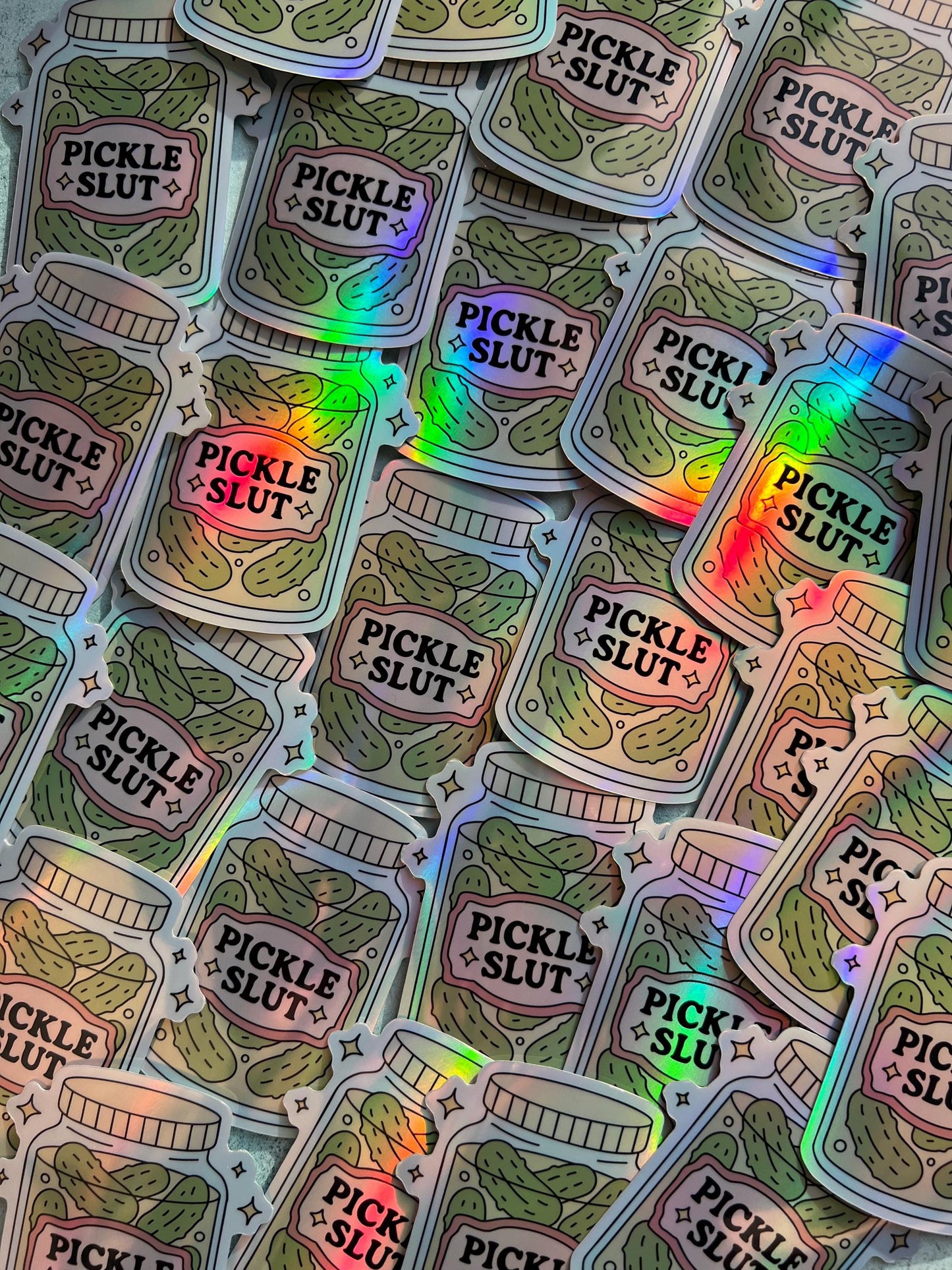 Pickle slut holographic sticker, pickle food savoury girl sticker