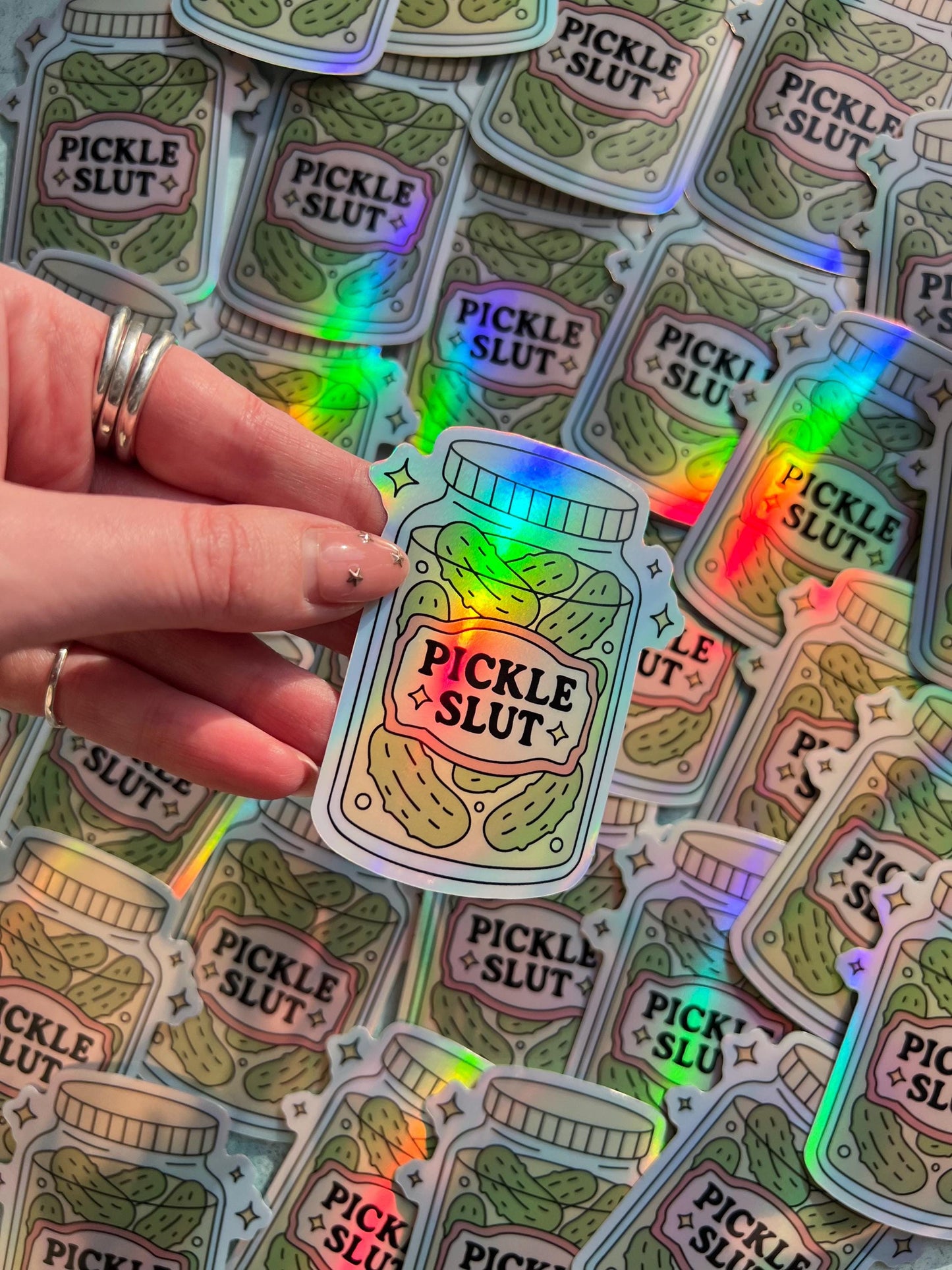 Pickle slut holographic sticker, pickle food savoury girl sticker