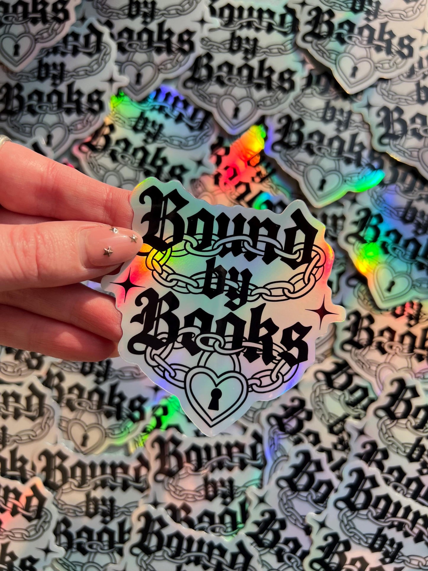 Bound by books holographic sticker, gothic reader sticker