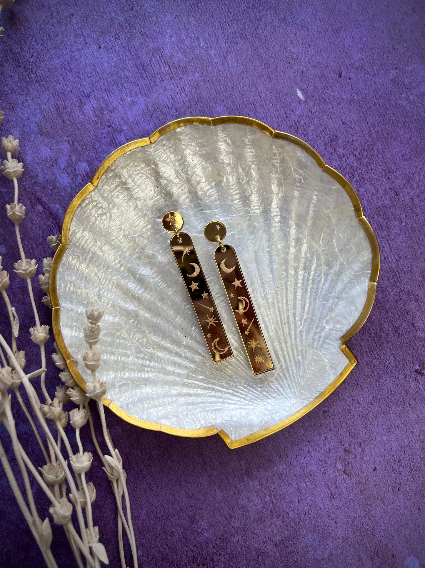 Gold mirror moon and star acrylic earrings - Celestial witchy jewellery