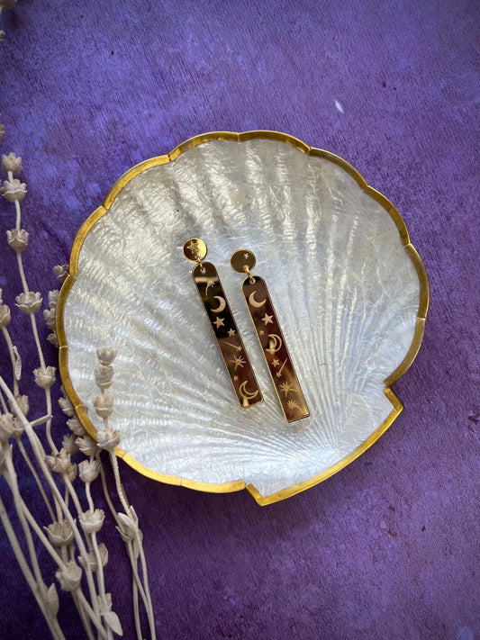 Gold mirror moon and star acrylic earrings - Celestial witchy jewellery