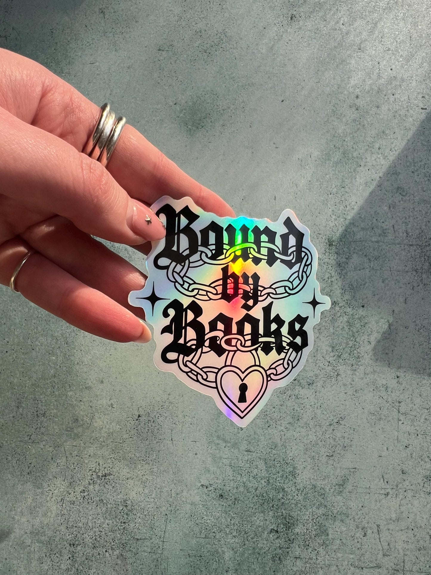 Bound by books holographic sticker, gothic reader sticker