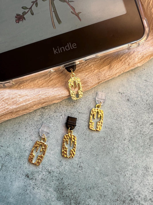 Gold cacti dust plug charm - Bookish Accessory for Kindle & E-Reader Lovers