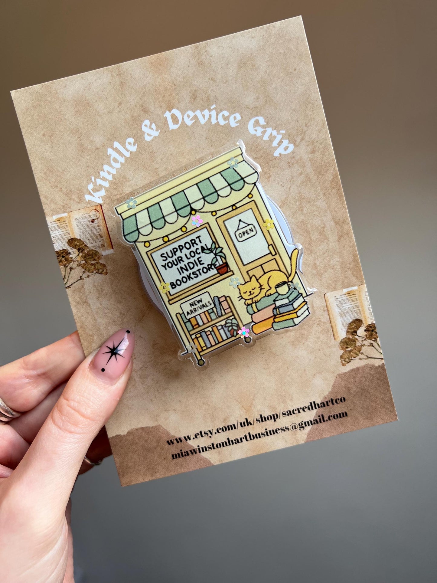 Cat indie bookstore themed device holder - Cosy reader cat accessories