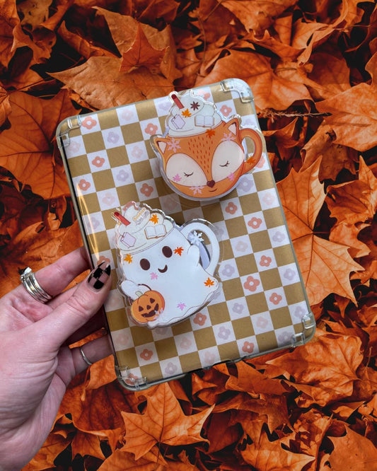 Halloween hot drink device holder - cosy autumn reader accessories