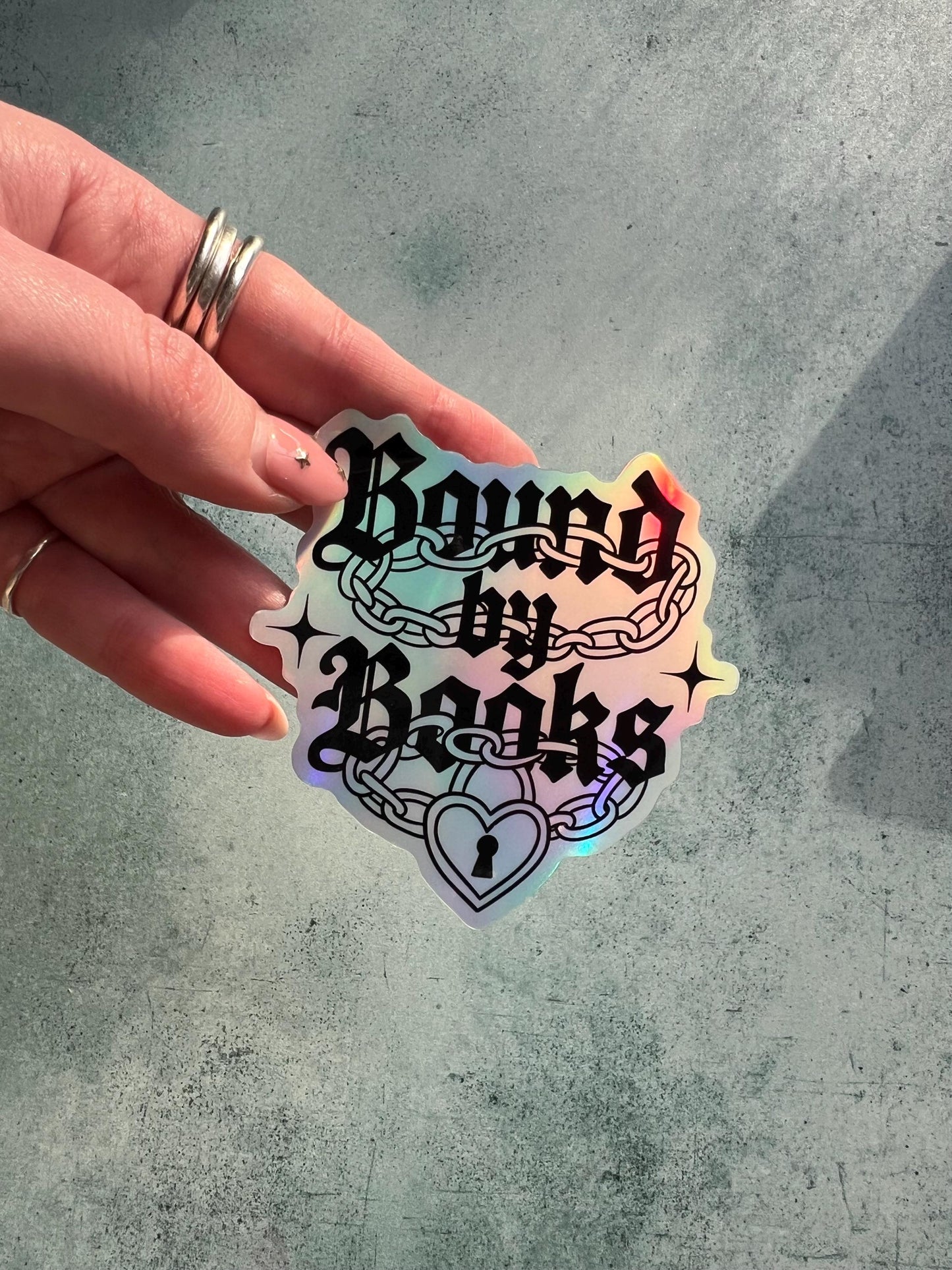 Bound by books holographic sticker, gothic reader sticker