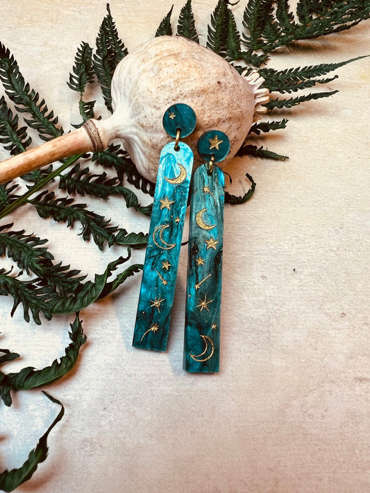 Teal moon and star acrylic earrings - Celestial witchy jewellery